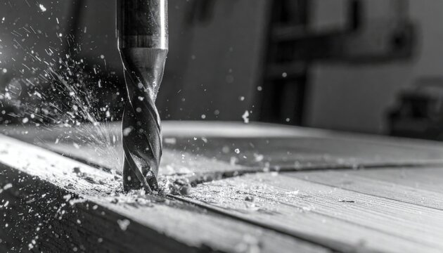 Close-up view of a sharp drill bit precisely cutting into a wooden surface, creating dust and shavings.