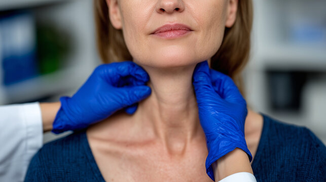 Macro close-up of doctor&acirc;s gloved fingers palpating the thyroid gland of a female patient, skin texture and subtle muscle movements visible, clinical lighting highlighting hands an