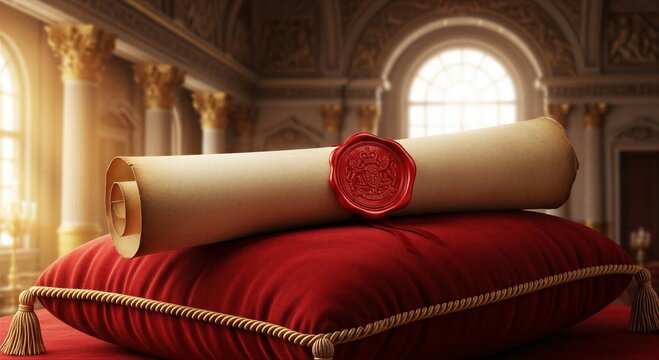 Ancient scroll with a red wax seal resting on a red velvet pillow in a grand hall. Medieval decree or diploma concept for historical document.