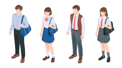 Obraz premium Isometric diverse students and young professionals in flat illustration style with bright clean colors on a white background for education and career development.