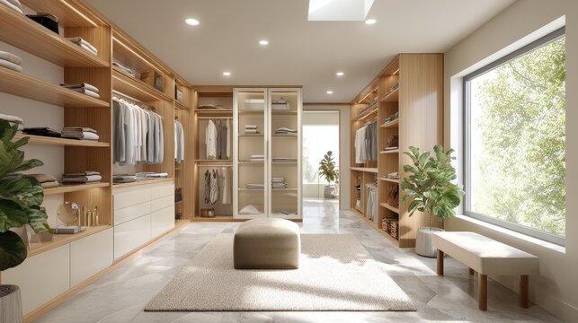 Organized wardrobe space with neutral palette and sleek storage system