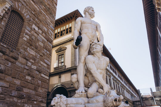 Hercules and Cacus statue from Baccio Bandinelli in Piazza della Signoria, Florence, Italy, on a sunny day
