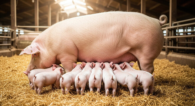 mother pig nursing piglets in a barn