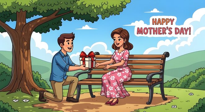 Cartoon Illustration of a Son Giving a Mother's Day Gift to His Mother in a Sunny Park
