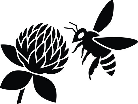 Silhouette bee flying towards a clover flower blossom vector illustration
