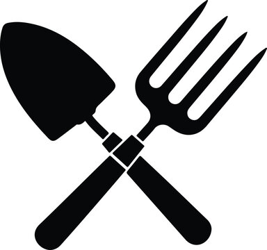 Silhouette garden trowel and hand fork tools crossed vector illustration