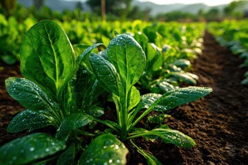 Young spinach plants growing in orderly outdoor rows