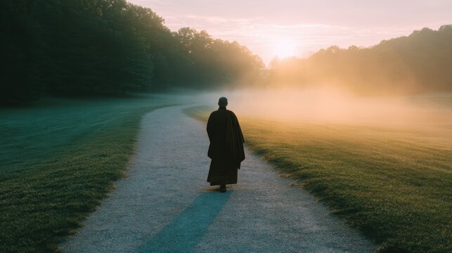 Buddhist monk walking alone on quiet path between green fields at peaceful misty sunrise