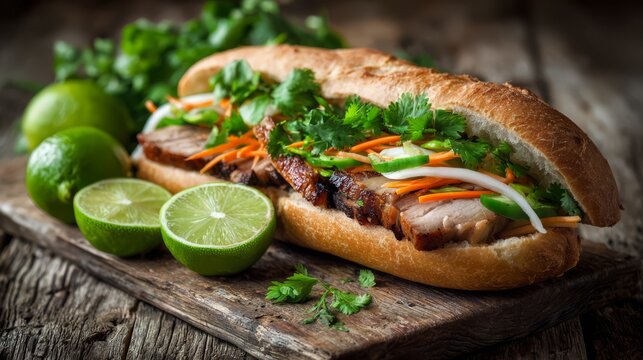 Banh mi sandwich with roasted pork, fresh cilantro, carrot and chili on a rustic wooden board. Traditional Vietnamese street food and culinary dish for lunch or dinner menu concept.