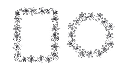 Daisy and flower banner set. Vertical and round backgrounds. Drawing, doodle, and line art. Floral frame and border for greeting cards and invitations. © Olga