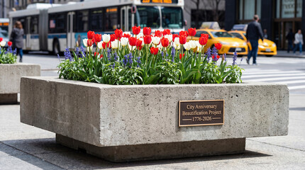 Vibrant red and white tulips bloom in concrete planter adorned with plaque commemorating 'City Anniversary Beautification Project 1776-2026,' set against blurred urban backdrop of bus, yellow taxis, a