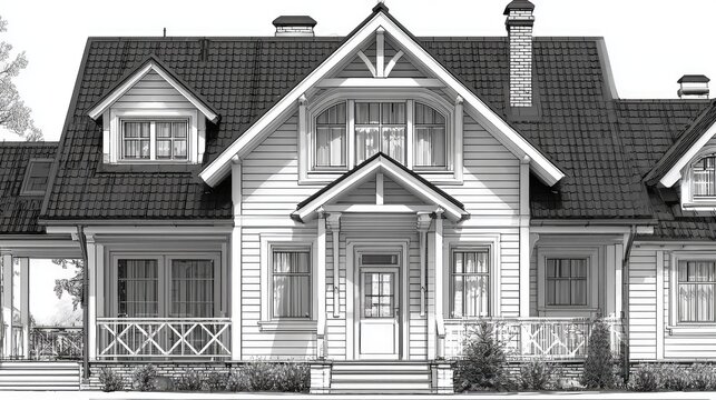 Detailed elevation drawing depicts a large, multi-gabled wooden residence with a covered entrance
