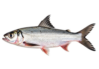 Obraz premium Fresh silver fish with pink fins on white