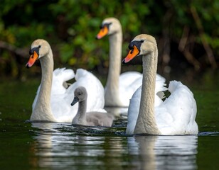 Obraz premium Swan Family - A Serene Portrait of Graceful Birds on the Water.