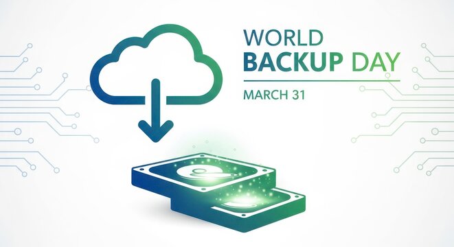 World Backup Day cloud storage SSD data protection concept with glowing arrow 3D render
