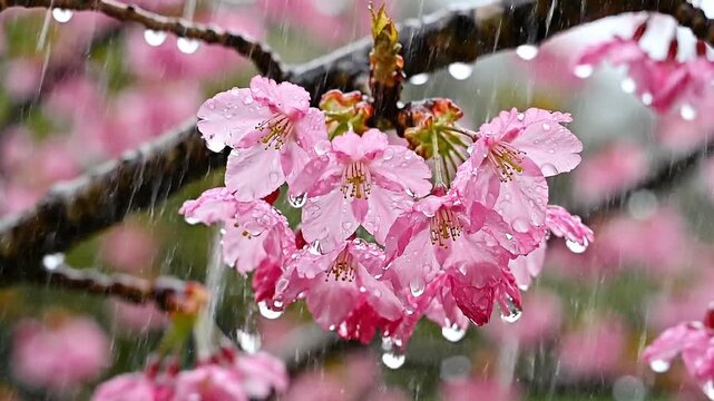 Beautiful Pink Cherry Blossoms in the Rain with Water Droplets on Petals