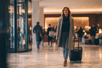 Fototapeta premium Woman with rolling suitcase entering a hotel lobby during arrival