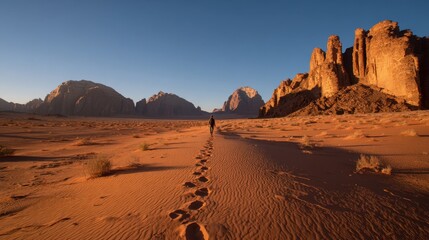 Wide-angle landscape of red rock cliffs and expansive sand in Wadi Rum, Jordan