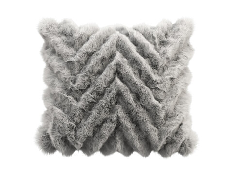 Light gray shaggy faux fur pillow isolated PNG, square fluffy cushion with chevron zigzag fur texture, soft cozy home decor element