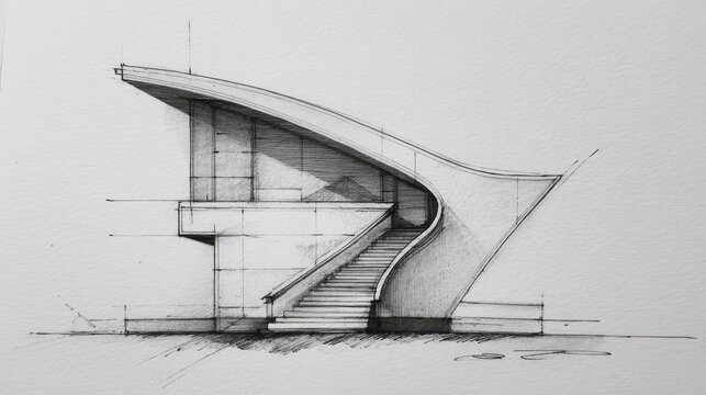 Architectural elevation sketch illustrates modern structure with sweeping roofline and external staircase
