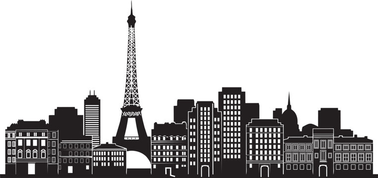 Paris Cityscape Silhouette with Eiffel Tower and Buildings Vector Illustration