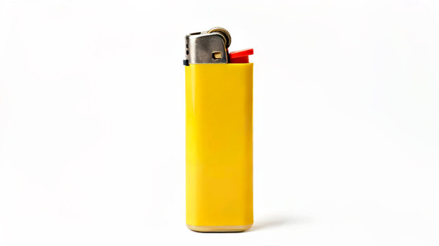 Yellow disposable pocket lighter isolated on white background.