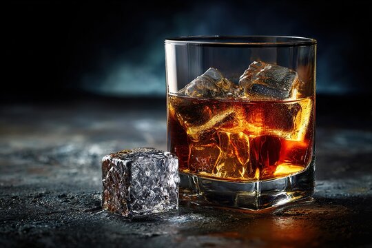 Glass of whiskey with ice cubes on a dark smoky background