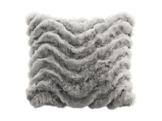 Fototapeta premium Light gray shaggy faux fur pillow isolated PNG, square fluffy cushion with layered wavy fur texture, soft plush decorative home decor element