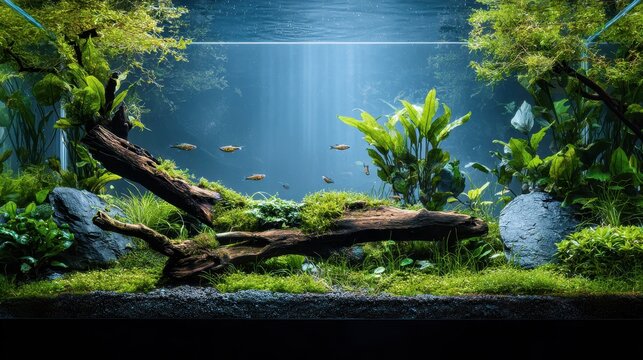 Naturalistic aquascape featuring small schooling fish in a green planted tank with driftwood and moss