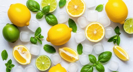 Citrus Freshness: A vibrant arrangement of ripe lemons, zesty limes, aromatic basil leaves, and cool ice cubes come together in this refreshing composition. 