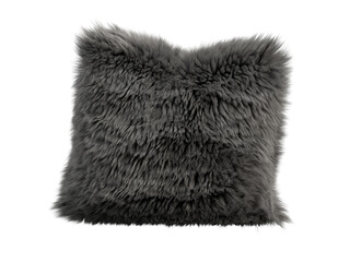 Dark gray shaggy faux fur pillow isolated PNG, square fluffy cushion with long straight fur pile texture, soft plush decorative home decor element
