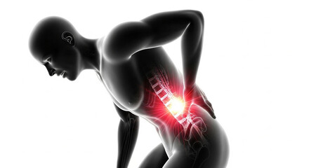 Male torso with glowing red lower back pain and spine detail human body