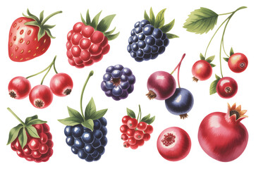 Botanical berry fruit assortment with strawberry raspberry blackberry and red currant watercolor. © Artverza