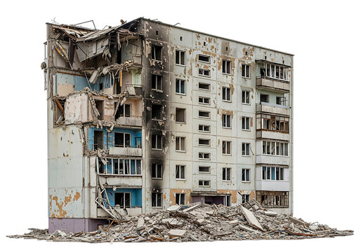 Destroyed apartment building after war combat ruins with debris and broken windows rubble city destruction aftermath aftermath urban decay