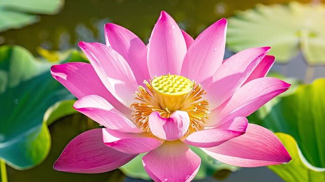 Beautiful Pink Lotus Flower in Full Bloom on Pond with Green Leaves Background