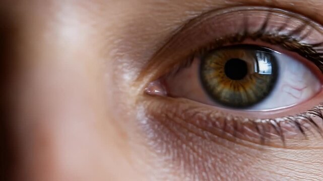 Extremely detailed close-up of a human eye with green and gold iris and dark lashes