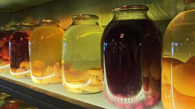 Colorful assortment of homemade preserved fruit in glass jars. Delicious sweet canning compote and juice standing on a wooden shelf