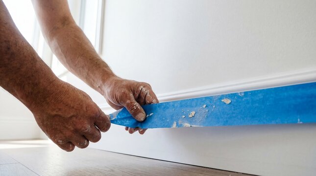 close up of caucasian man hands applying blue masking tape to baseboard. home renovation, wall painting preparation concept. copyspace, banner, website header
