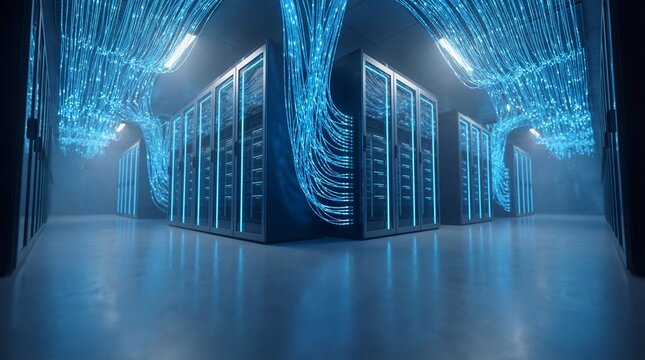 futuristic data center server room with glowing blue fiber optic cables connecting to racks. cloud computing, network infrastructure. copyspace, banner, website header