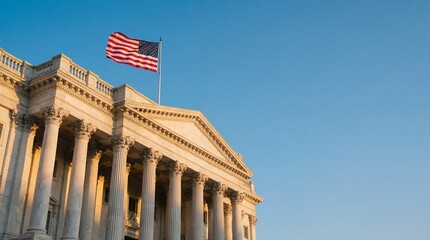 Naklejka premium us capitol building facade with classical columns and waving american flag against clear blue sky. government and politics concept. washington landmark. banner, website header, copyspace.
