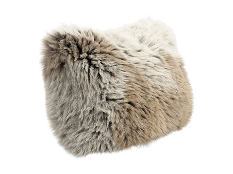 Beige shaggy faux fur lumbar pillow isolated PNG, rectangular fluffy cushion with long plush fur texture decorative home decor element