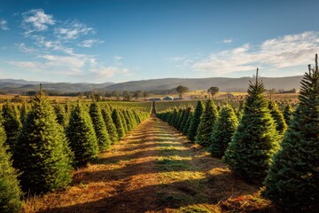 Obraz premium Perfectly aligned Christmas trees in a quiet countryside field