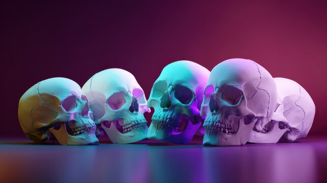 White skulls displayed from different sides in a vivid color field, 3D illustration with neon lighting