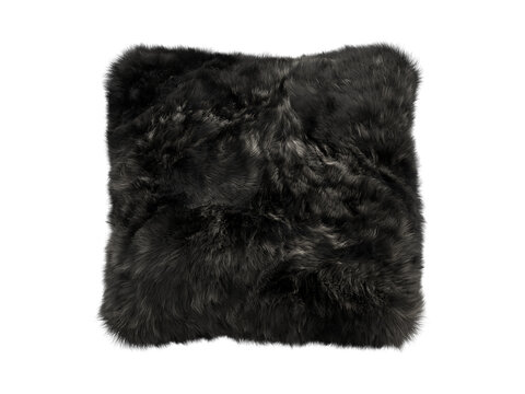 Black shaggy faux fur square pillow isolated PNG, fluffy decorative cushion with long plush fur texture decorative home decor element