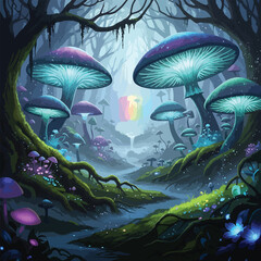 Naklejka premium Glowing fairy mushrooms illuminate a mystical woodland scene at dusk with vibrant colors and organic shapes.