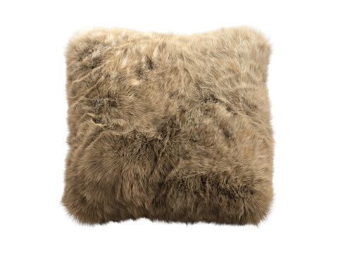 Beige shaggy faux fur square pillow isolated PNG, fluffy decorative cushion with long plush fur texture decorative home decor element