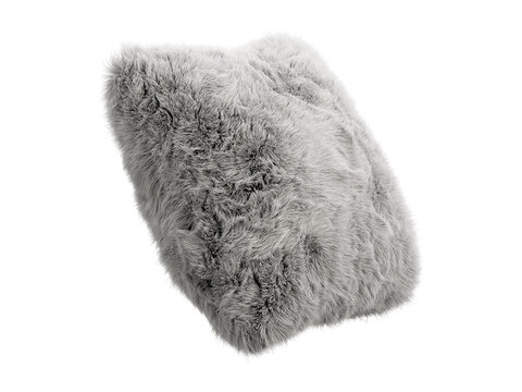 Light gray shaggy faux fur square pillow isolated PNG, fluffy decorative cushion with long plush fur texture