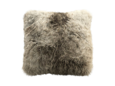 Beige shaggy faux fur square pillow isolated PNG, fluffy plush decorative cushion with long pile fur texture home decor element