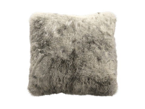 Taupe shaggy faux fur square pillow isolated PNG, fluffy decorative cushion with long plush fur texture for interior decor
