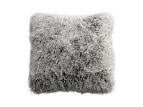 Light gray shaggy faux fur square pillow isolated PNG, fluffy decorative cushion with long plush fur texture